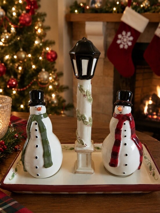 Grasslands Road Other - Grasslands Road Snowman Salt & Pepper Shakers with Lamp Post Tray Set - 3pc